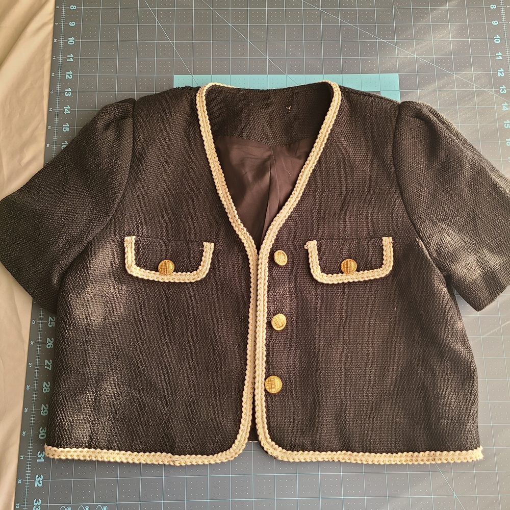 Stylish Black Jacket with Cream Trim Paris Style Chic Tweed Sophisticated